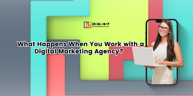 Digital Marketing Agency Girl with glasses holding a laptop on a cellphone element